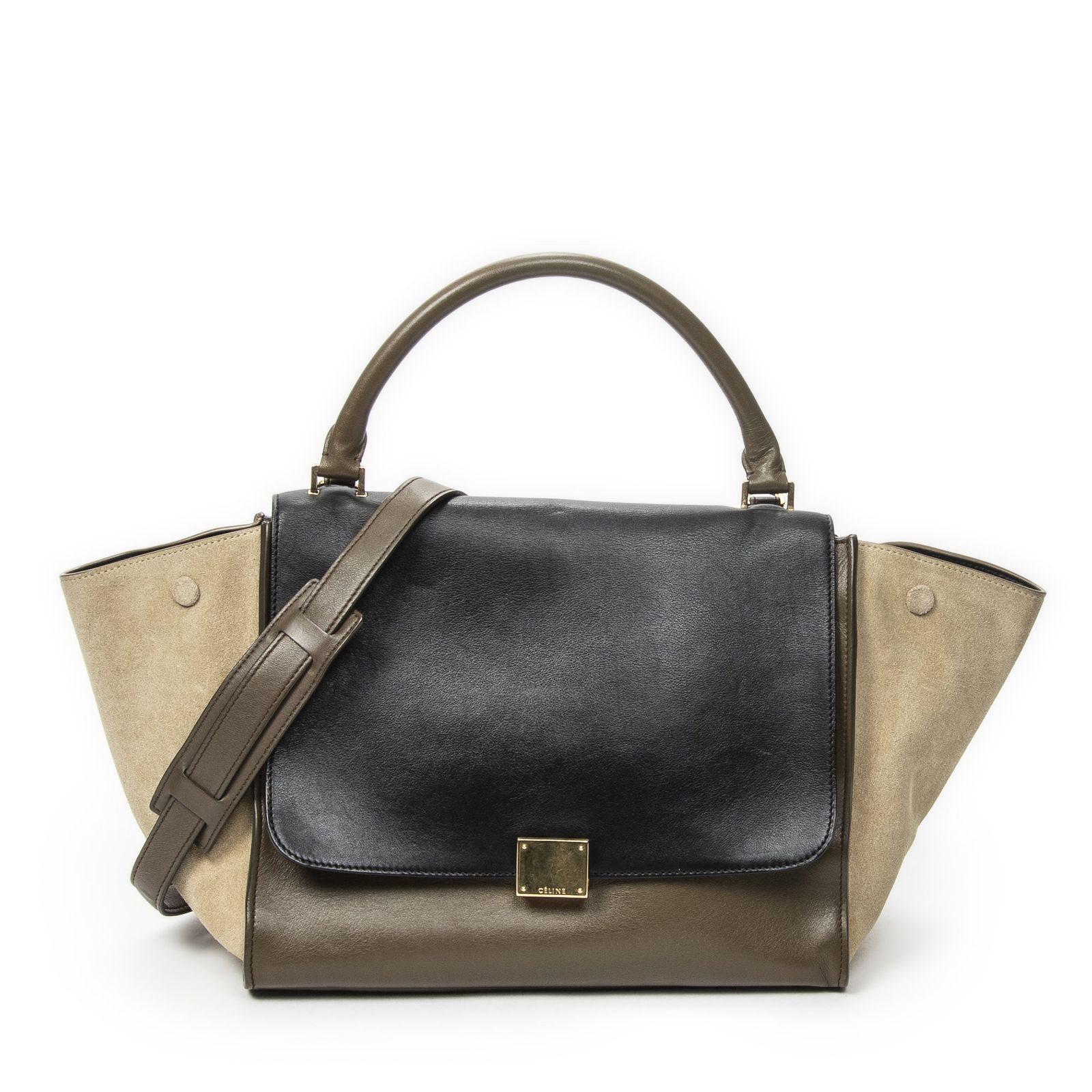 [中古] CELINE セリーヌミディアムトラぺズ黒、茶色、ベージュカーフスキンレザーA