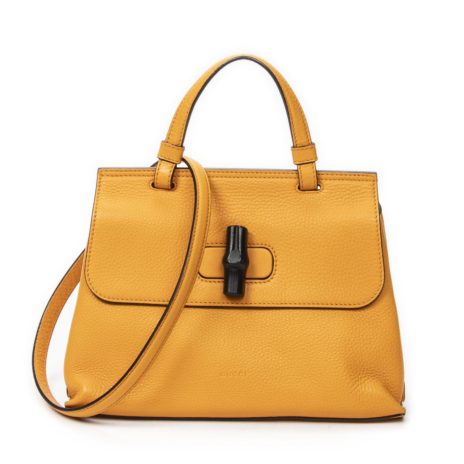 [中古] GUCCI グッチスモールバンブートップハンドルフラップマスタードイエローグレインカーフスキンレザーA