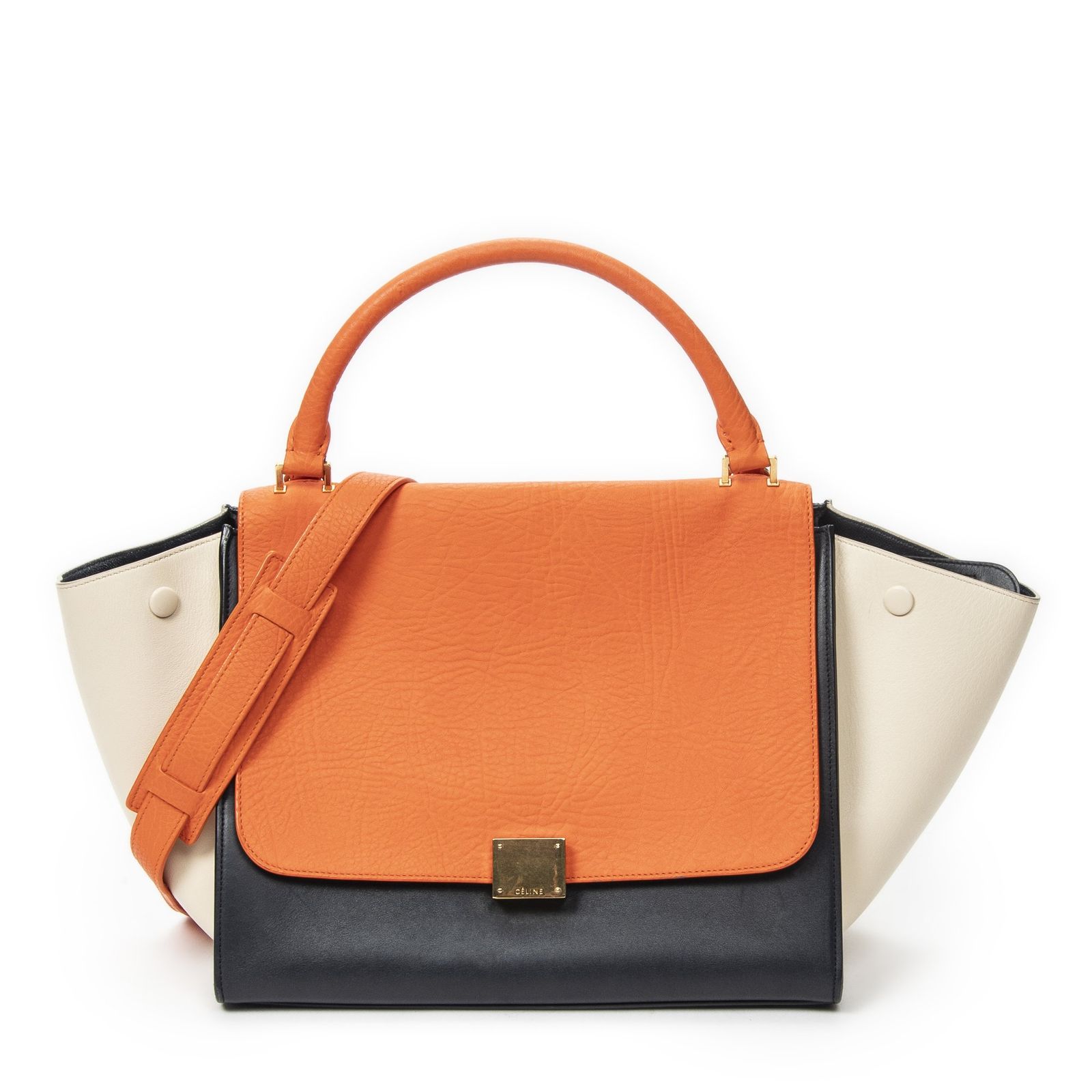 [中古] CELINE セリーヌミディアムトラぺズオレンジ、黒、アイボリーカーフスキンレザーA
