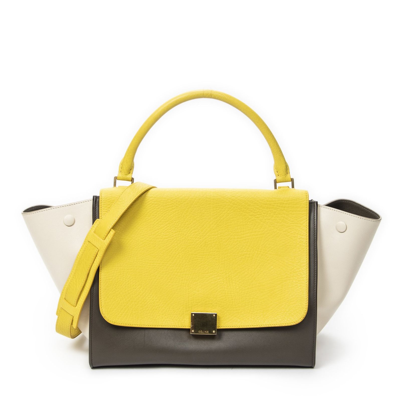 [中古] CELINE セリーヌミディアムトラぺズ黄色、ベージュカーフスキンレザーA