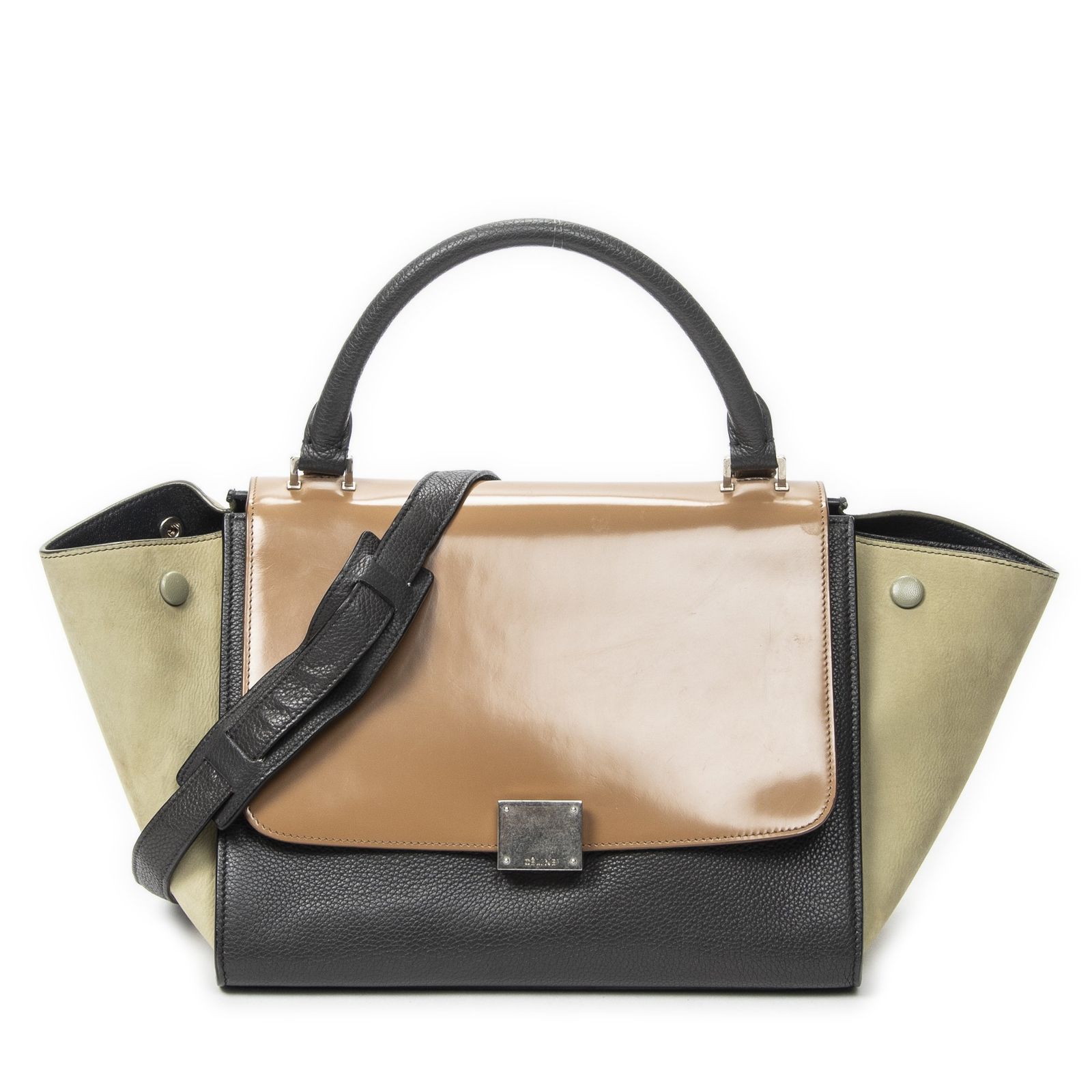 [中古] CELINE セリーヌスモール中ブランコダークグレー、ベージュ、緑グレインカーフスキンレザーA