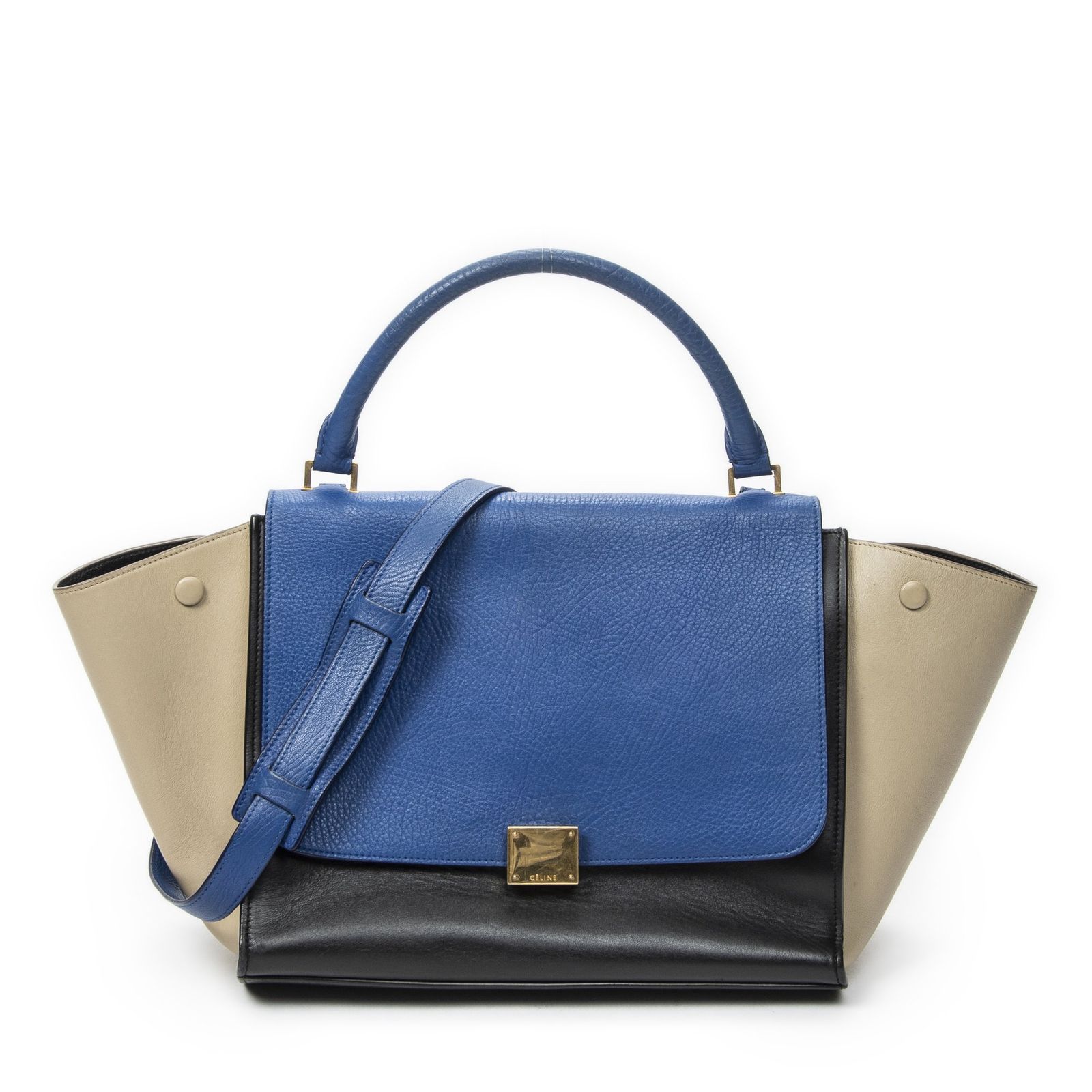 [中古] CELINE セリーヌミディアムトラぺズ青、黒、ベージュカーフスキンレザーA