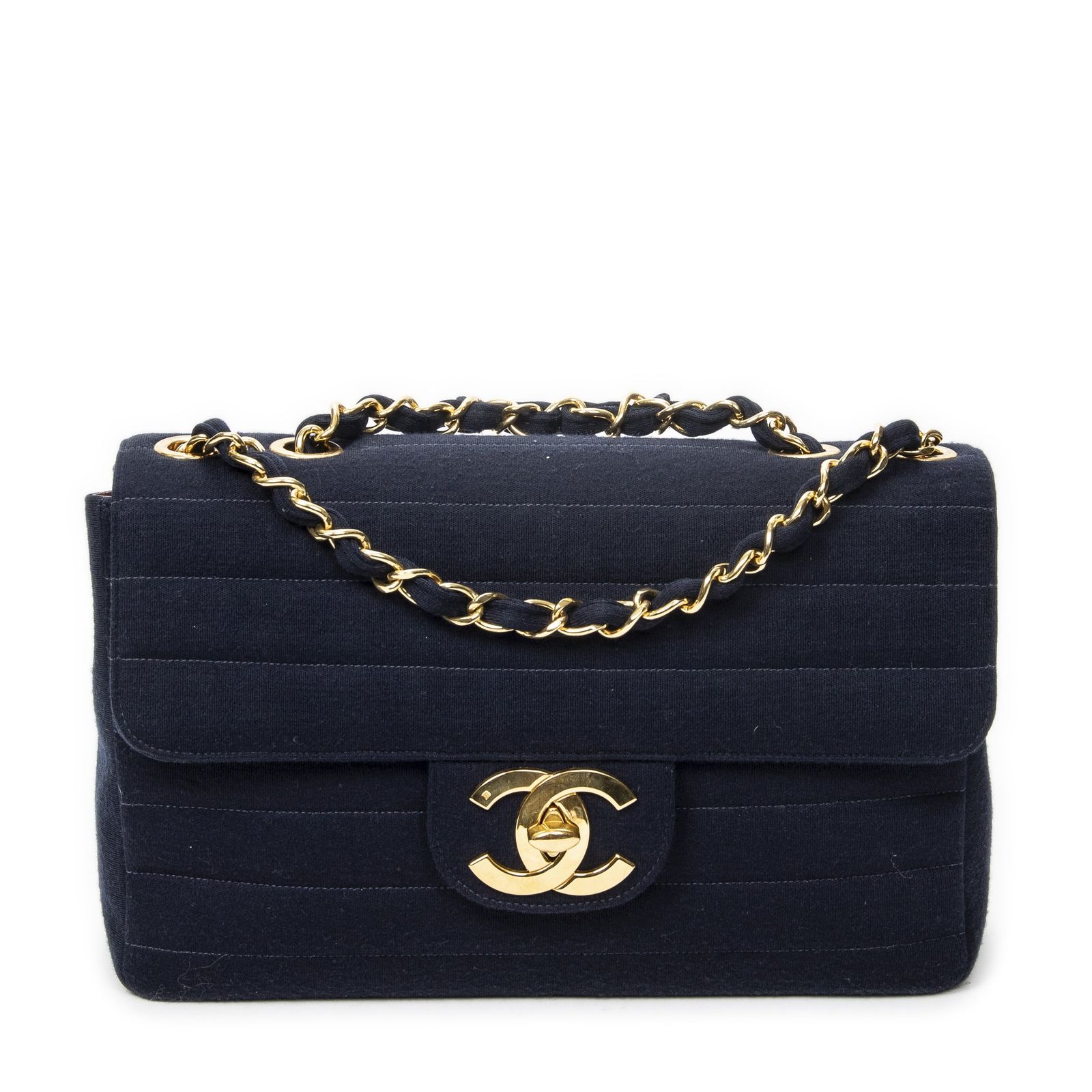 [中古] CHANEL シャネルJumbo Straight Single FlapネイビージャージーキャンバスA