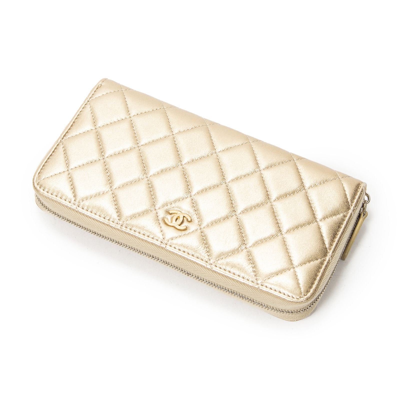 [中古] CHANEL シャネルL-Gusset Zip WalletメタリックゴールドマトラッセラムスキンレザーA