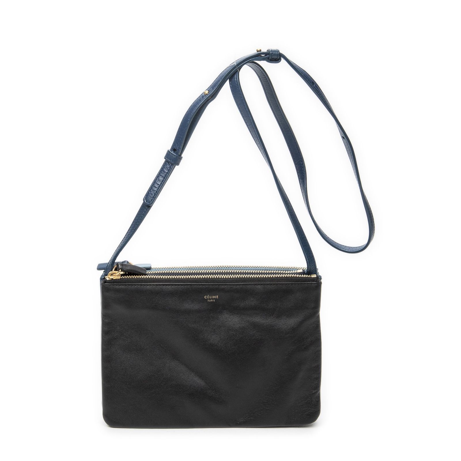 [中古] CELINE セリーヌスモール トリオ クロスボディブルー/ブラックカーフスキンレザーA