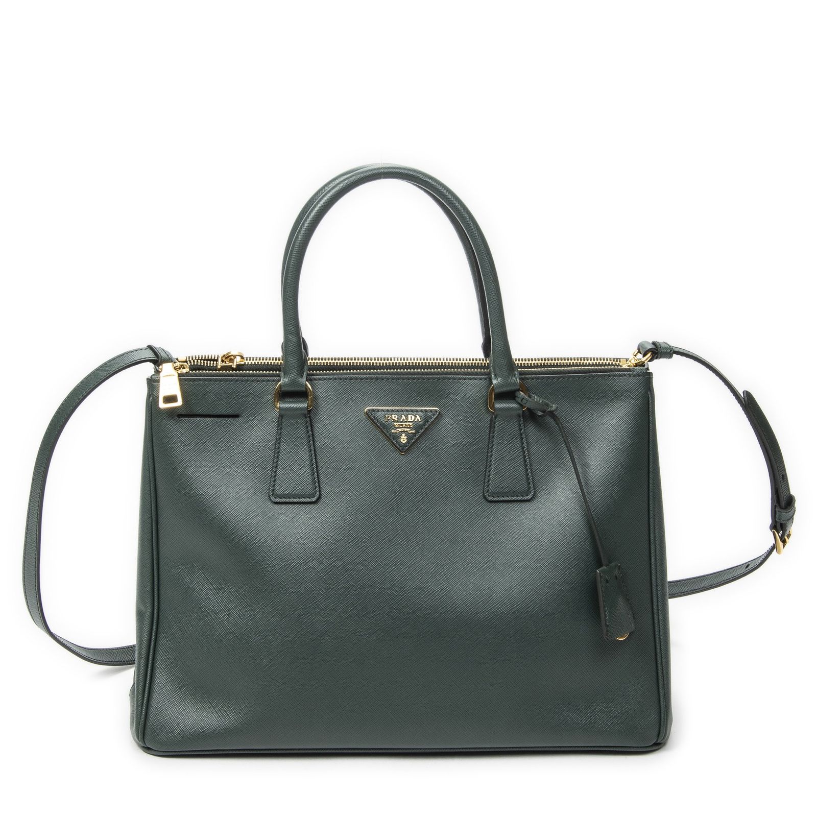 [中古] PRADA プラダラージダブルジップ ガレリア トートダークグリーンサフィアーノレザーA