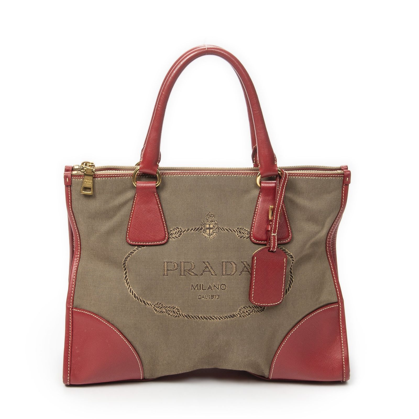 [中古] PRADA プラダMedium Jacquard Toteベージュ/レッドジャカードグキャンバスAB