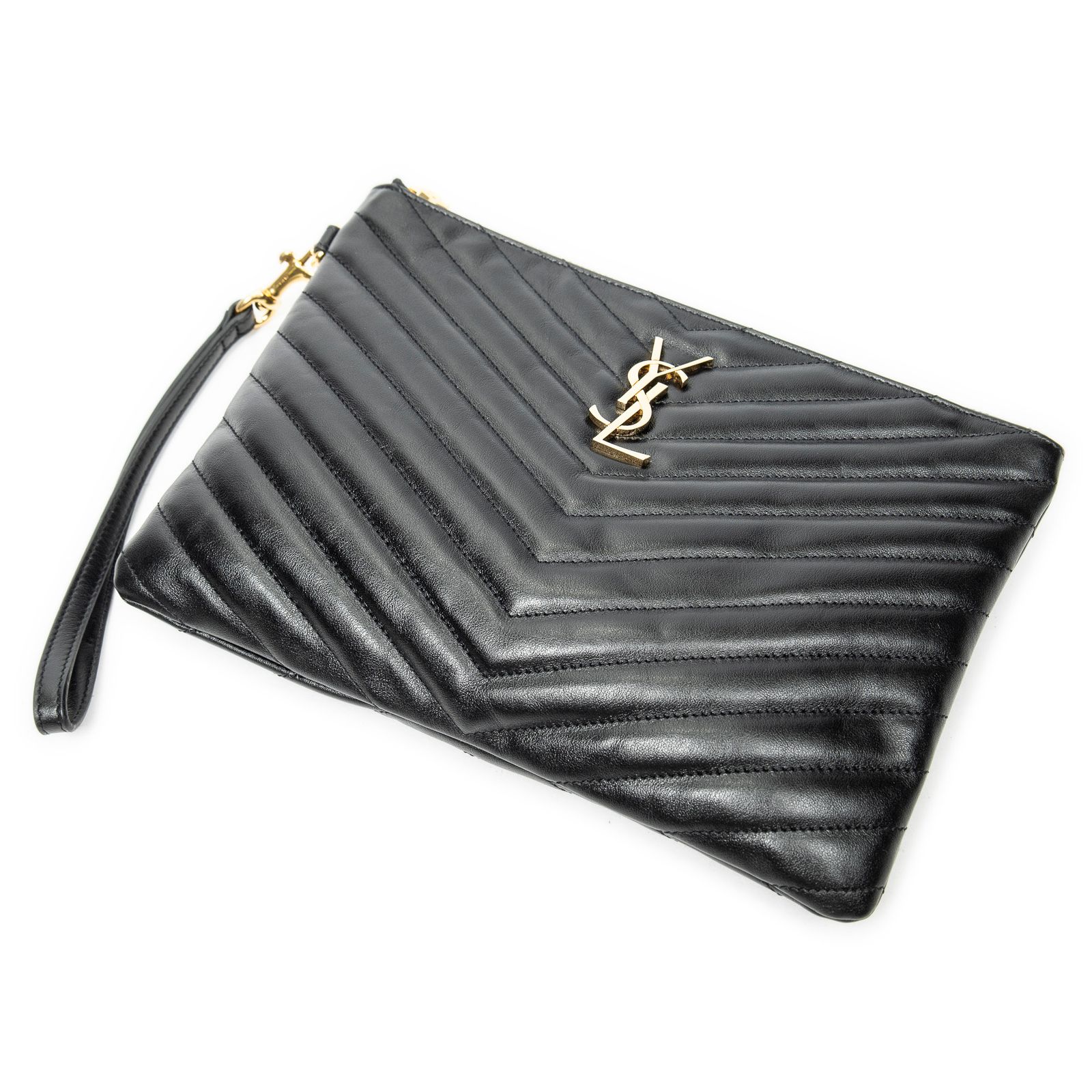 [中古] YVES SAINT LAURENT イヴサンローランCassandre A5 Pouch黒マトラッセシェブロンレザーA