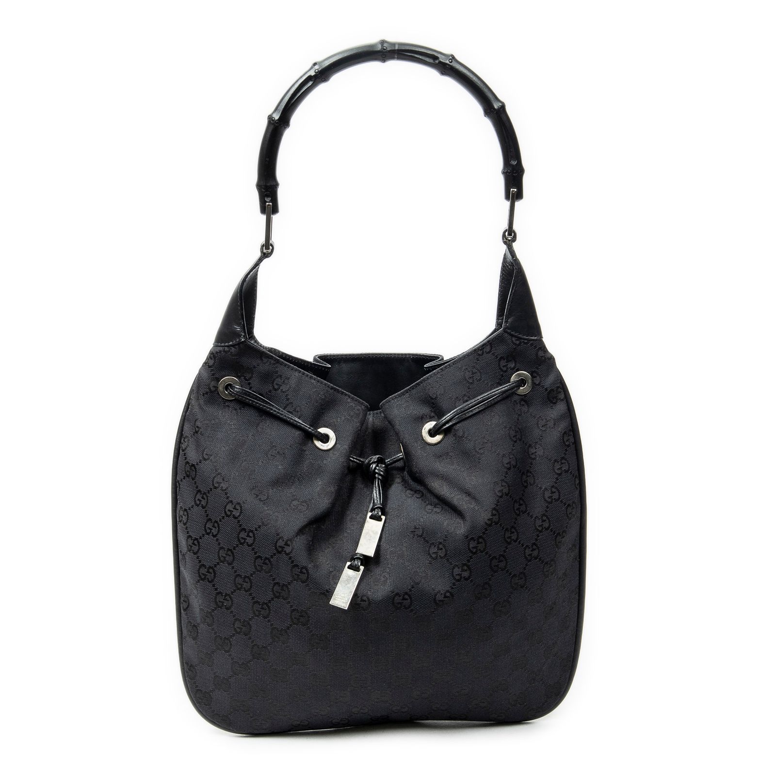 [中古] GUCCI グッチBamboo Drawstring Tote黒GGキャンバスA