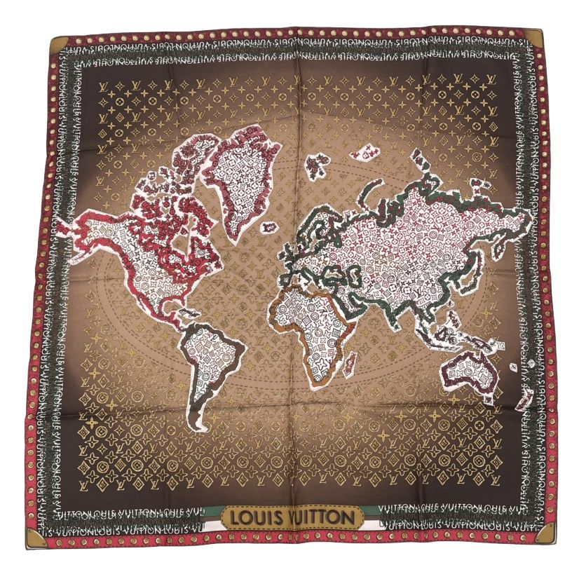 新品同様 LOUIS VUITTON ルイヴィトン スカーフ シルク モノグラム 地図柄 ブラウン