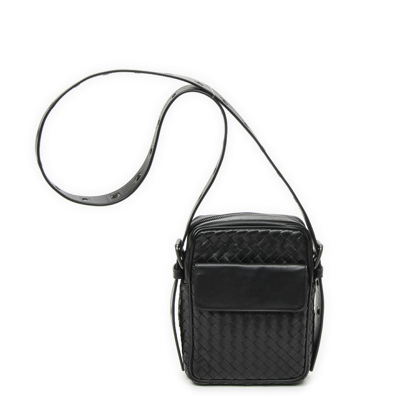 [中古] BOTTEGA VENETA ボッテガヴェネタフロントポケットクロスボディ黒イントレチャートレザーA