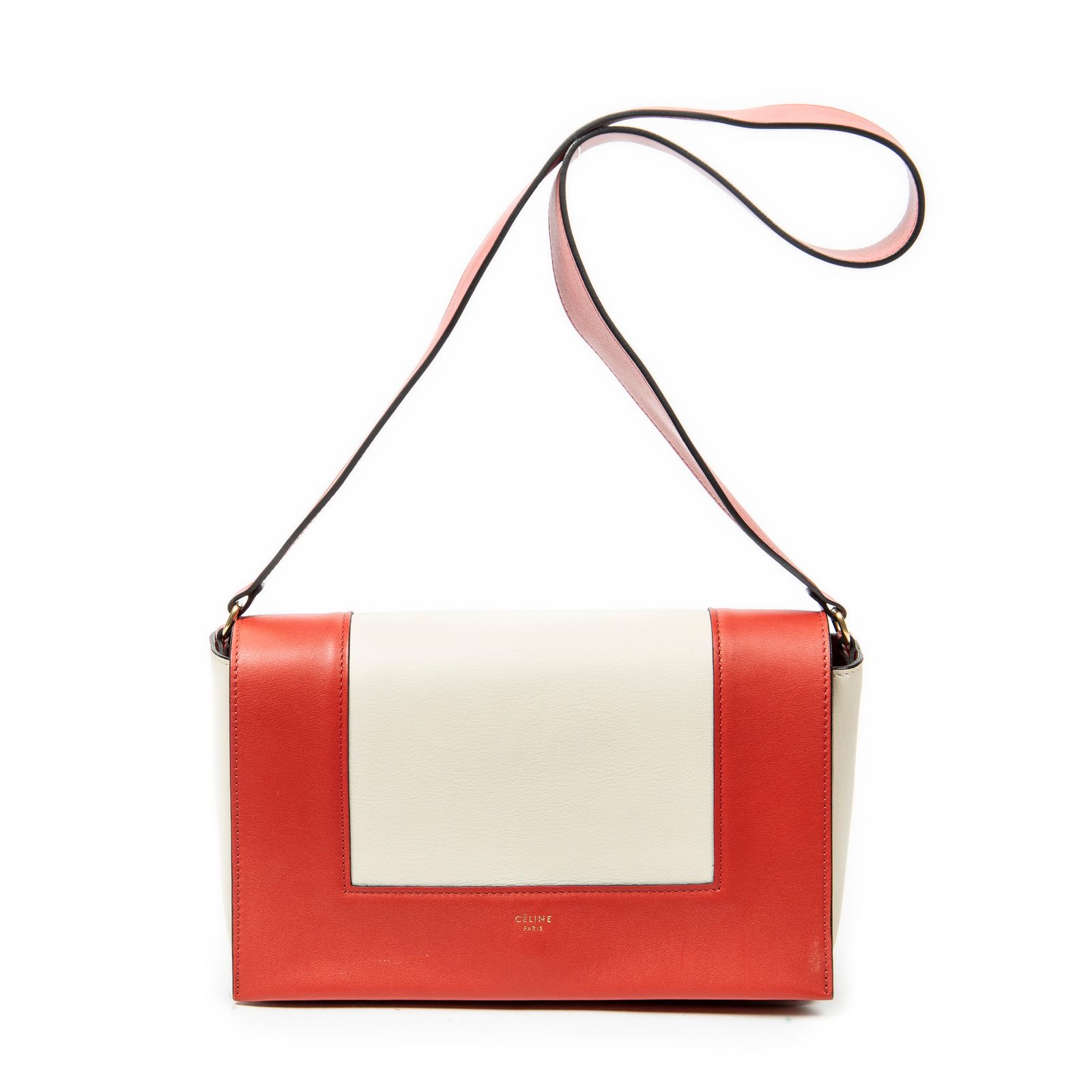 [中古] CELINE セリーヌミディアム フレーム クロスボディバッグ赤/ベージュカーフスキンレザーA