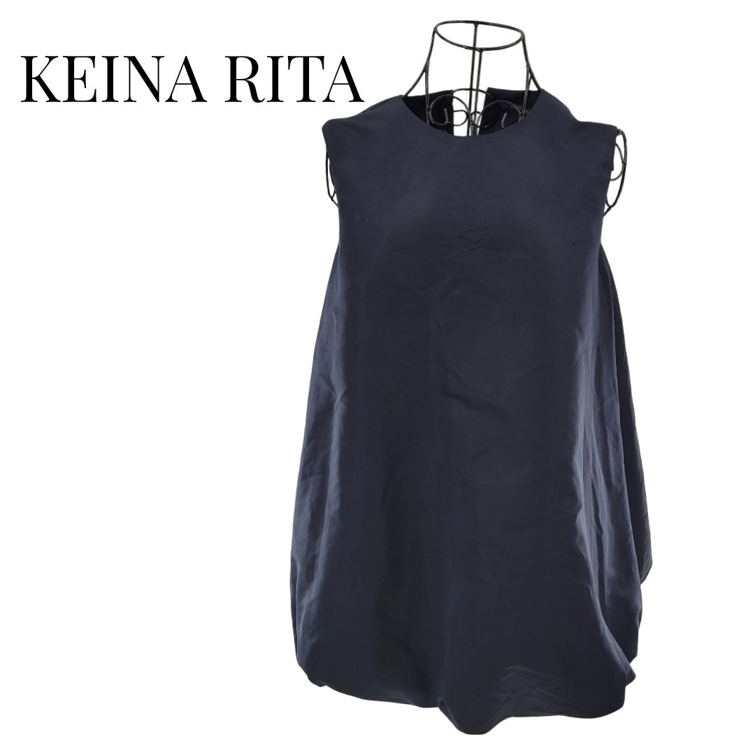 KEINA RITA ケイナリタ バルーントップ トップス ネイビー サイズ36 ノースリーブ 希少 ホワイトリボン レース バルーンシルエット 光沢感 レディース ペプラムシルエット バックウェーブテープ