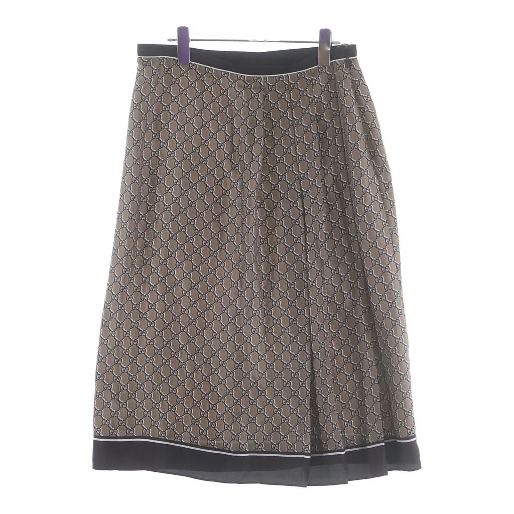 GUCCI (グッチ) GG総柄プリント シルク プリーツ フレア スカート ブラウン レディース 800306