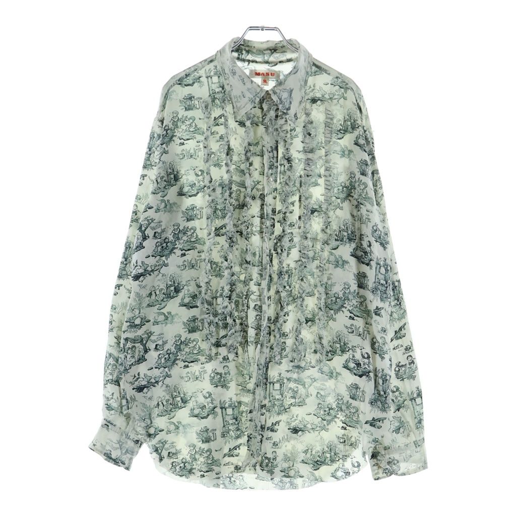 MASU (エムエーエスユー) 23AW COMIC TOILE DE JOUY FRILL SHIRTS 総柄シルクシャツ フリル長袖シャツ ホワイト レディース