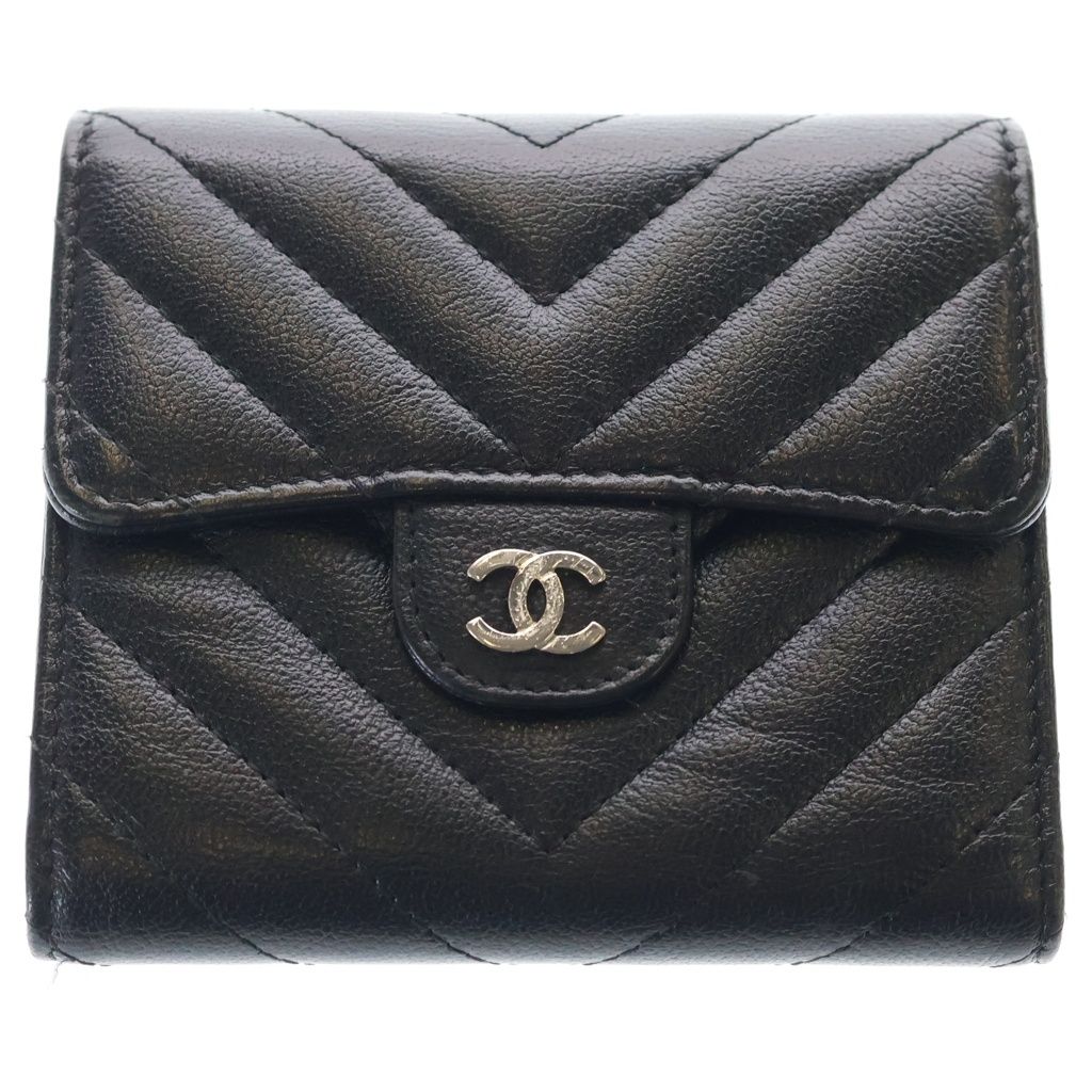 CHANEL (シャネル) シェブロン コンパクトウォレット 三つ折り財布 カードケース ブラック×ボルドー ラムスキン シルバー金具