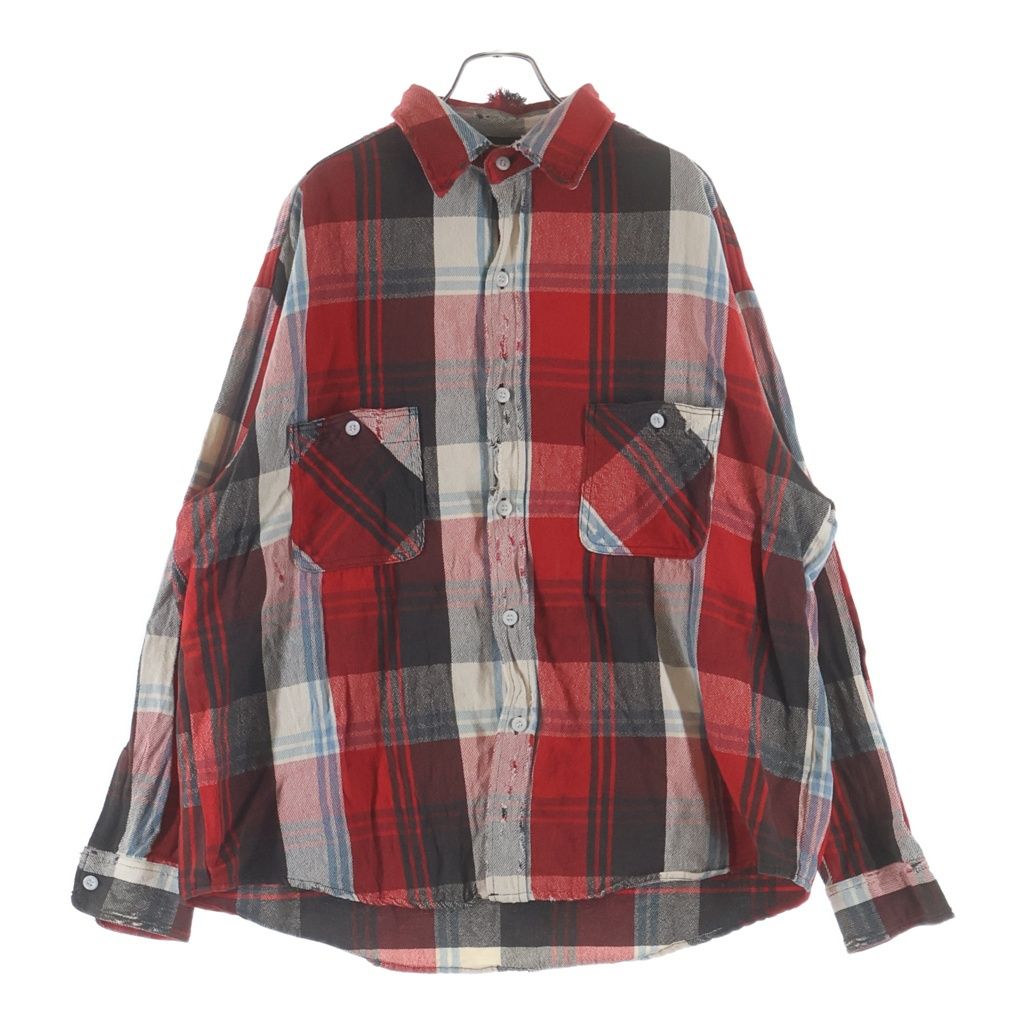 SAINT MICHAEL (セントマイケル) 25AW FLANNEL SHIRT SM-HR1-0000-043 ダメージ加工 長袖フランネルシャツ レッド