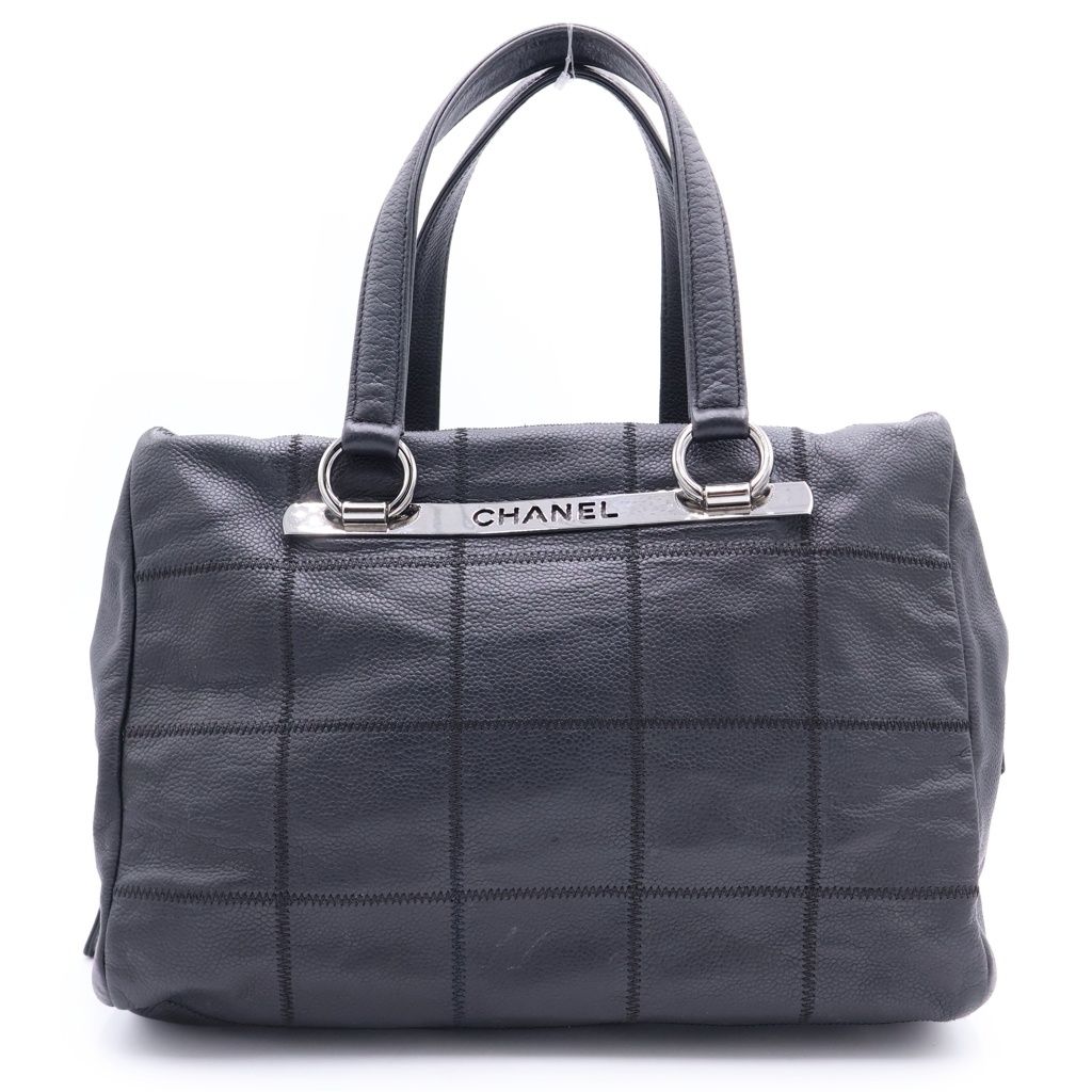 CHANEL (シャネル) チョコバー キャビアスキン ステッチ ハンドバッグ ボストンバッグ シルバー金具 ブラック