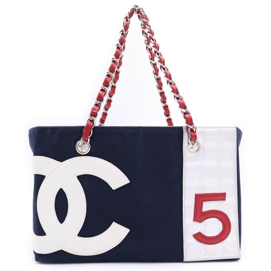 CHANEL (シャネル) No5 チョコバー チェーン トートバッグ ネイビー