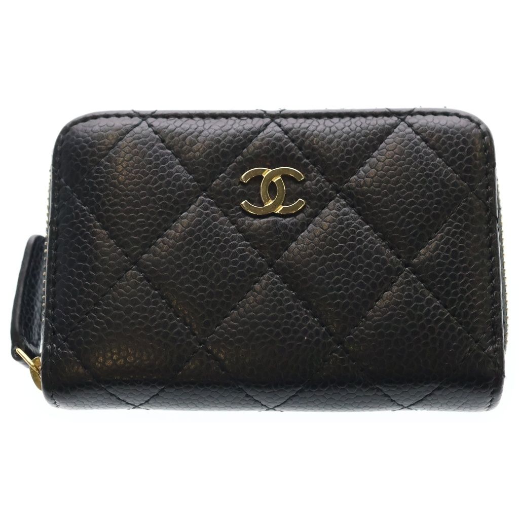 CHANEL (シャネル) マトラッセ キャビアスキン レザー コインパース ケース コンパクトウォレット 財布 ゴールド金具 ブラック