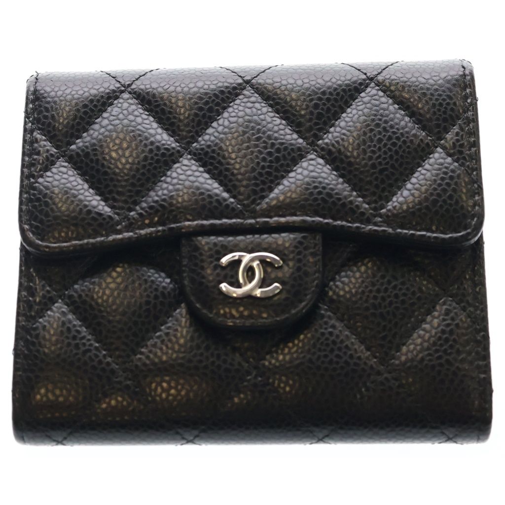 CHANEL (シャネル) マトラッセ クラシック キャビアスキン レザー コンパクトウォレット 三つ折り財布 シルバー金具 ブラック
