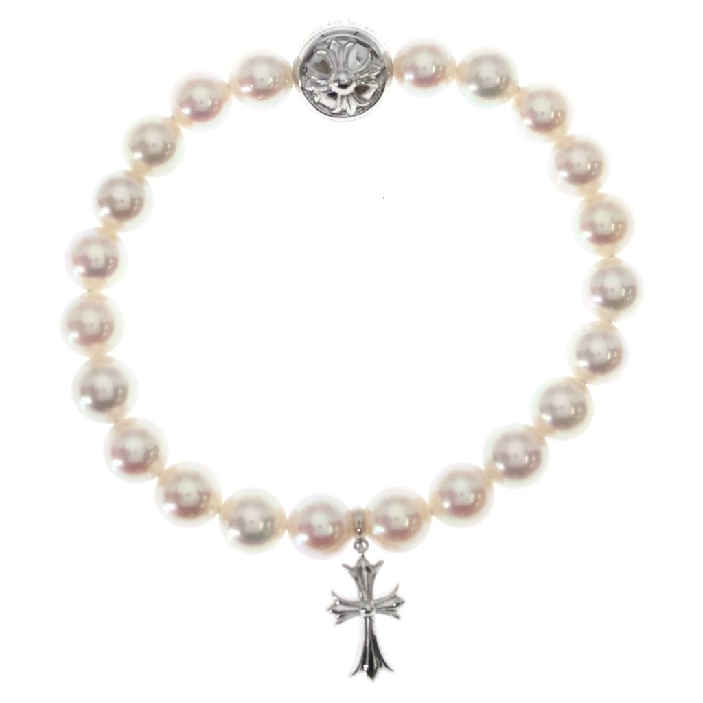 CHROME HEARTS (クロムハーツ) ×MIKIMOTO PEARL BABY FAT CHARM ミキモト パール ベイビーファット チャーム クロスボール ビーズ ブレスレット K18WG ホワイトゴールド
