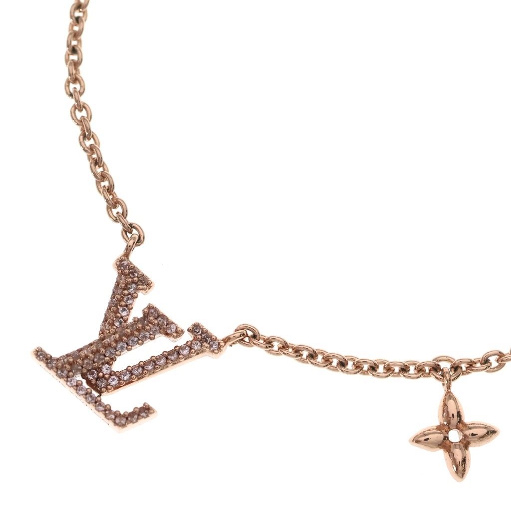 LOUIS VUITTON (ルイヴィトン) LVアイコニック ロゴラインストーン ネックレス ペンダント チェーン GP ピンクゴールド M00985