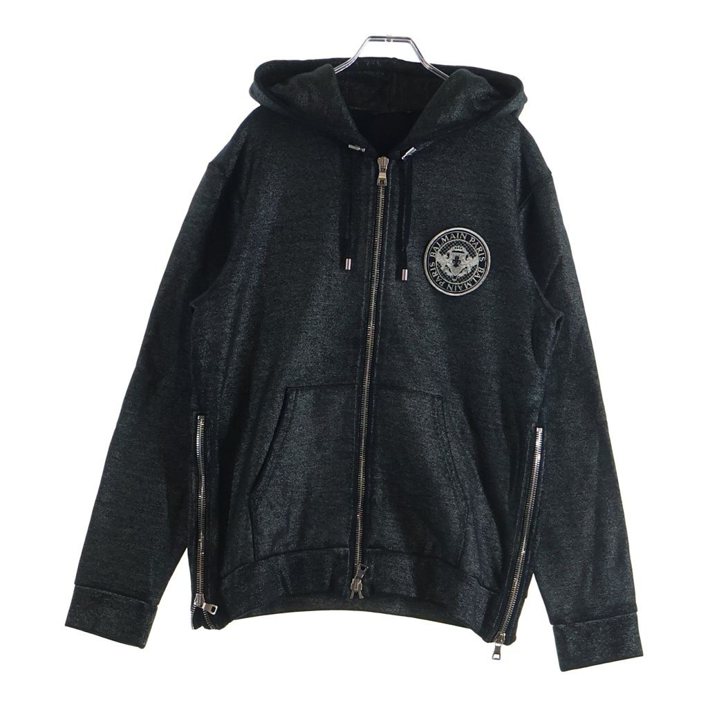 BALMAIN (バルマン) ロゴワッペン サイドジップ ラメ加工 スウェットジップパーカー ブラック W8H6643J190B