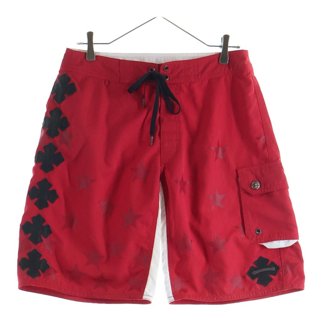CHROME HEARTS (クロムハーツ) Cross Leather Patch Star Print Swim Pants クロス レザーパッチ スタープリント スウィムパンツ レッド