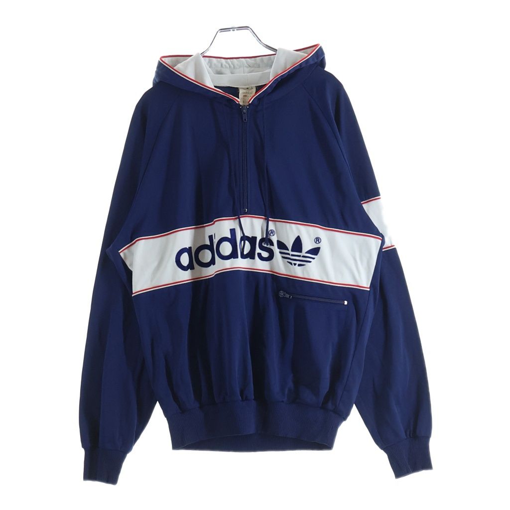 adidas (アディダス) 80S VINTAGE フロッキーロゴ ハーフジップ フーディー パーカー ネイビー