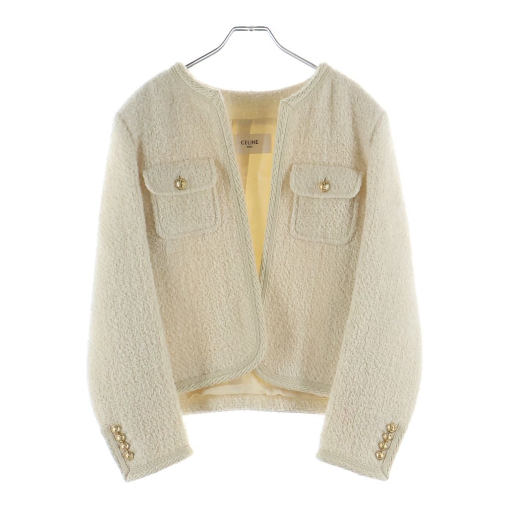 CELINE (セリーヌ) HEDI WOOL NO COLLAR JACKET エディ期 ツイード ウール ノーカラージャケット アイボリー レディース 2V55Q227V