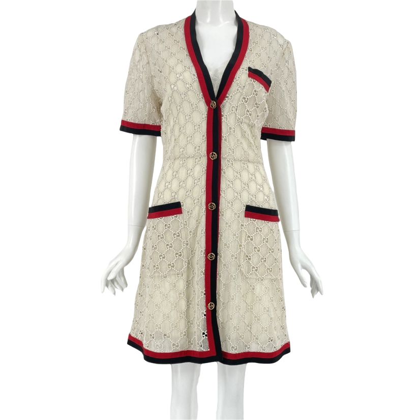 新品同様 GUCCI グッチ ワンピース GGボタン 18年 ツイード 40 レディース ホワイト 花柄 レース生地 L