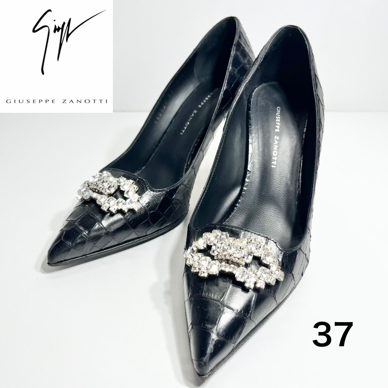 【未使用】GIUSEPPE ZANOTTI ジュゼッペザノッティ クリスタルビジュー 型押し パンプス 37 黒