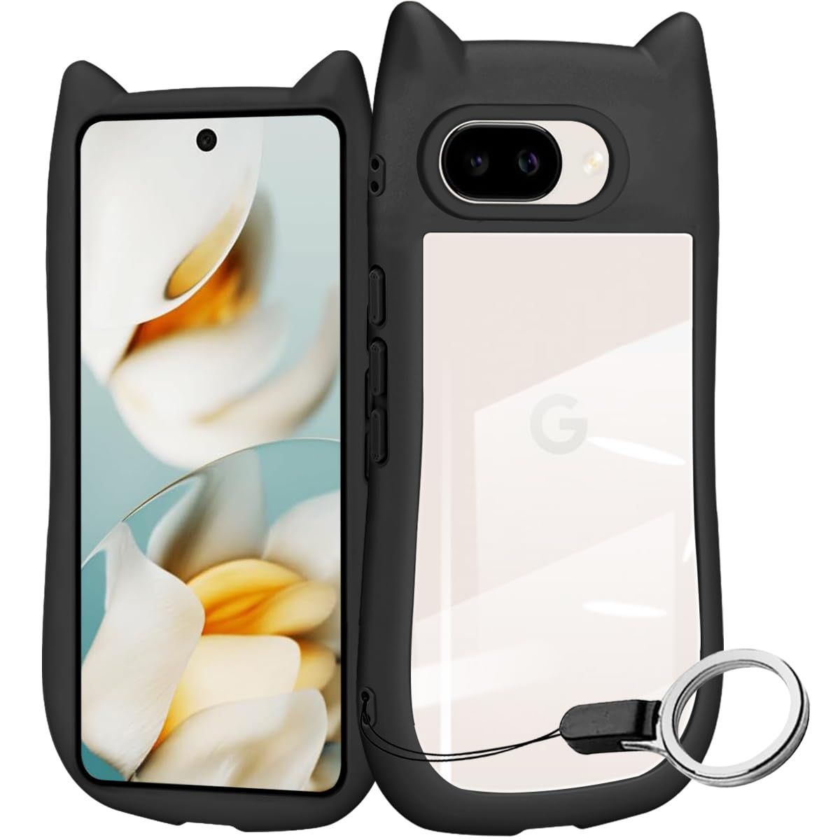 ZHIYIJIA Google Pixel 9A Exclusive Case, Clear Cover, Cute Cat Ears, Cat Ears, Cell Phone Strap, Cute, Stylish Strap, Hole, Pixel 9A, Smartphone Case, Lightweight, Shockproof, Full Protection, Fall Prevention (Black)
