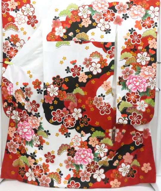 【京松】振袖 洗える着物 花 貸衣装屋処分品 着物 身丈約170.5cm 裄丈約68.5cm r8z06-134