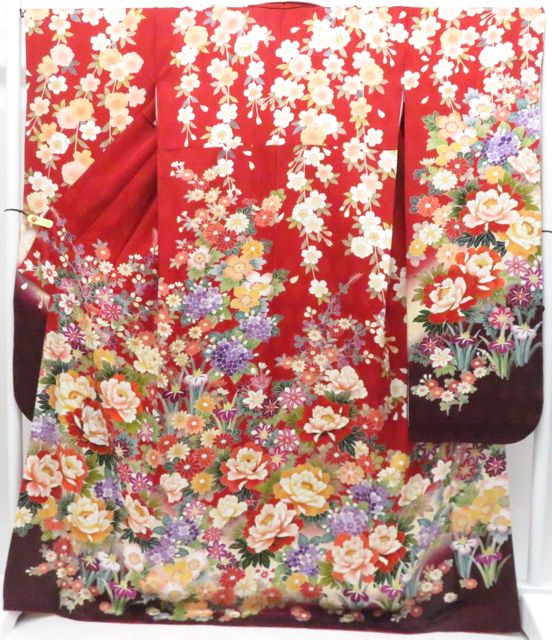 【京松】振袖 花 貸衣裳屋処分品 着物 正絹 美品 身丈約171cm 裄丈約67.5cm r8z06-137