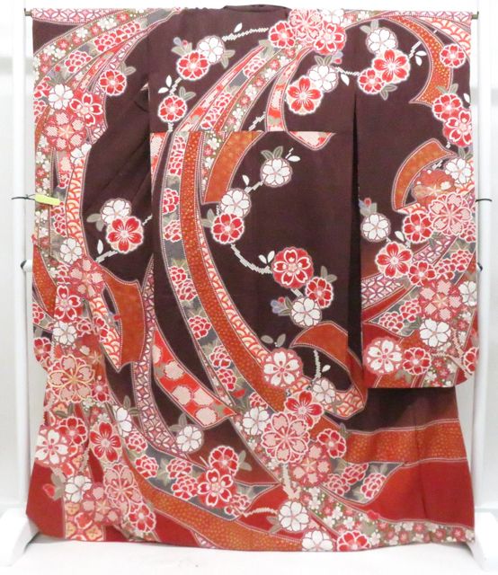 【京松】振袖 絞り 金駒刺繍 花 貸衣裳屋処分品 着物 正絹 美品 身丈約172cm 裄丈約67cm r8z06-139