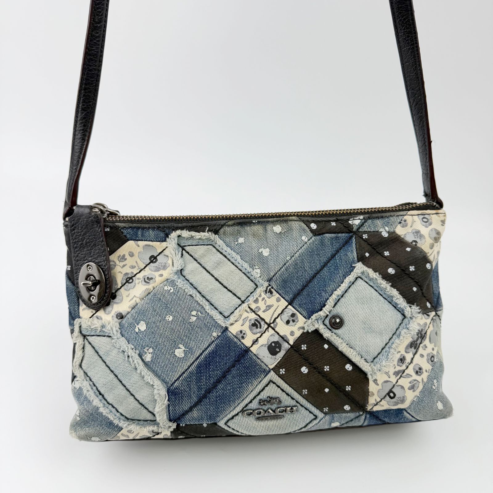 中古】COACH コーチ パッチワーク ショルダーバッグ デニム レザー 