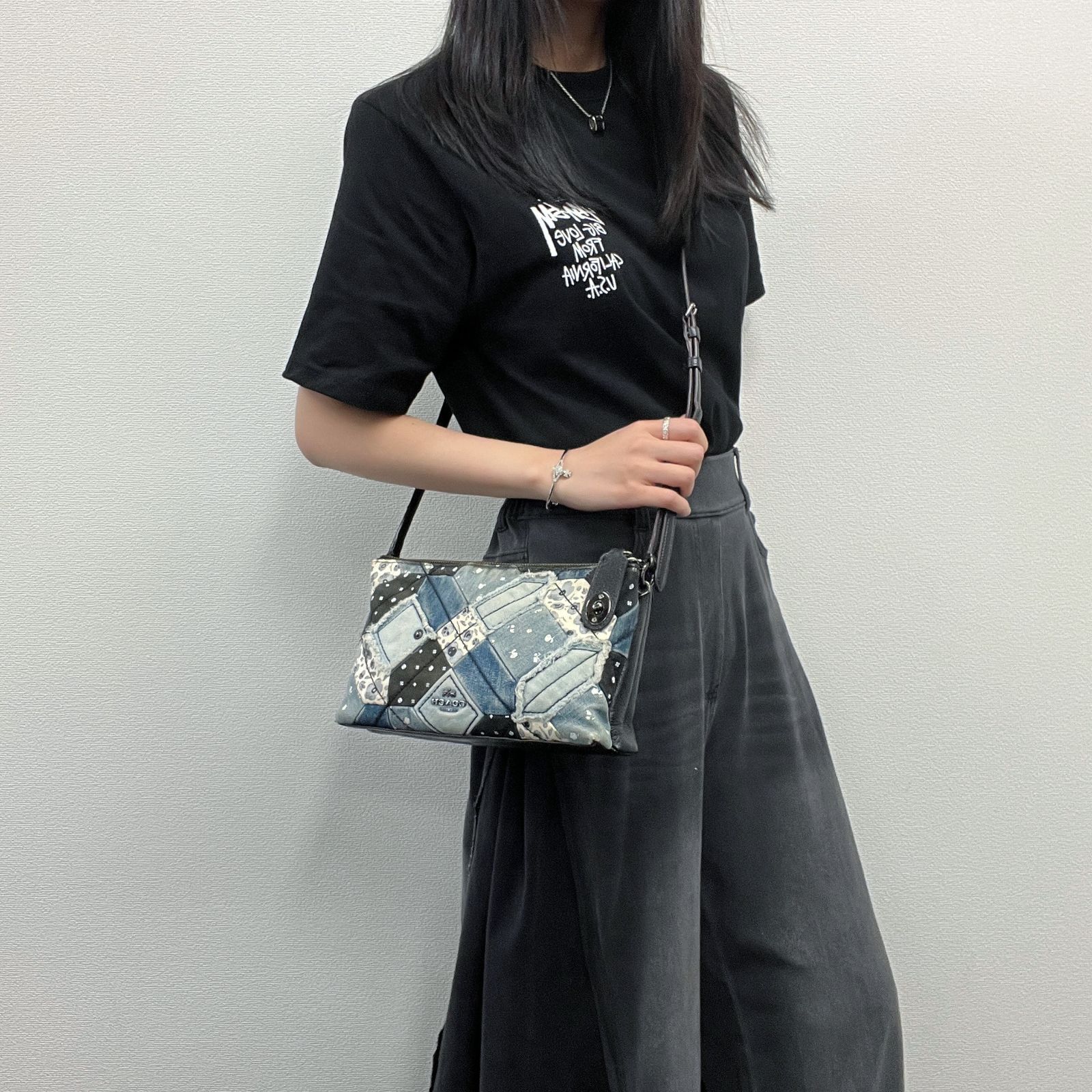 中古】COACH コーチ パッチワーク ショルダーバッグ デニム レザー