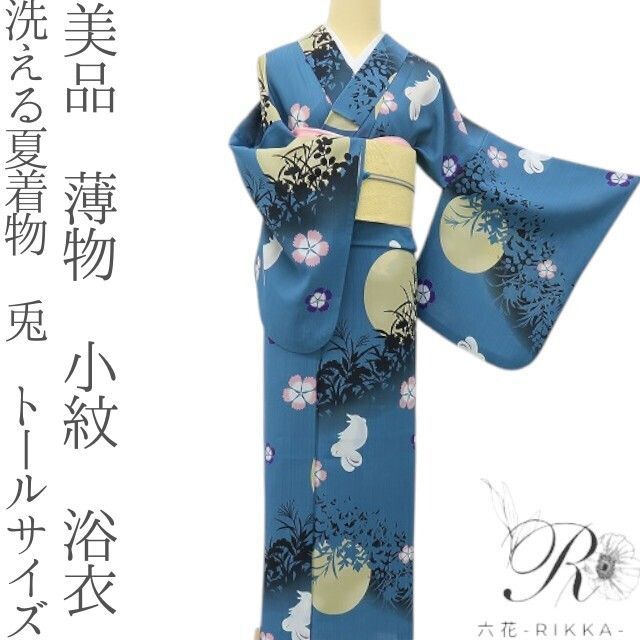 六花-RIKKA- 美品 洗える夏着物 兎❀月うさぎと撫子の涼夜物語❀トールサイズ 薄物 小紋 浴衣 着物 A5428