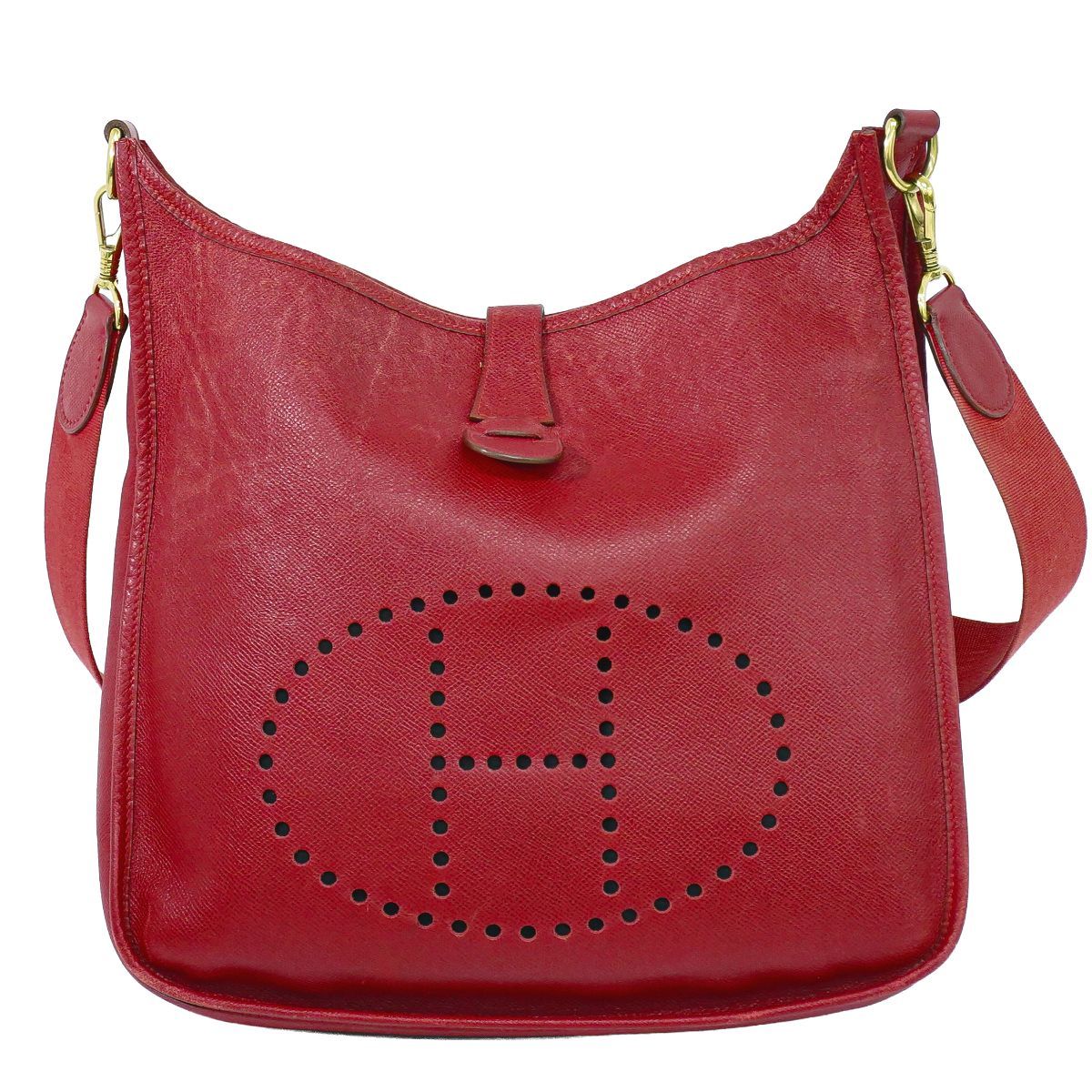 本物 エルメス HERMES エヴリン 1 PM クシュベル レザー ショルダーバッグ ○X刻 1994年 レッド Evelyne バッグ 中古・