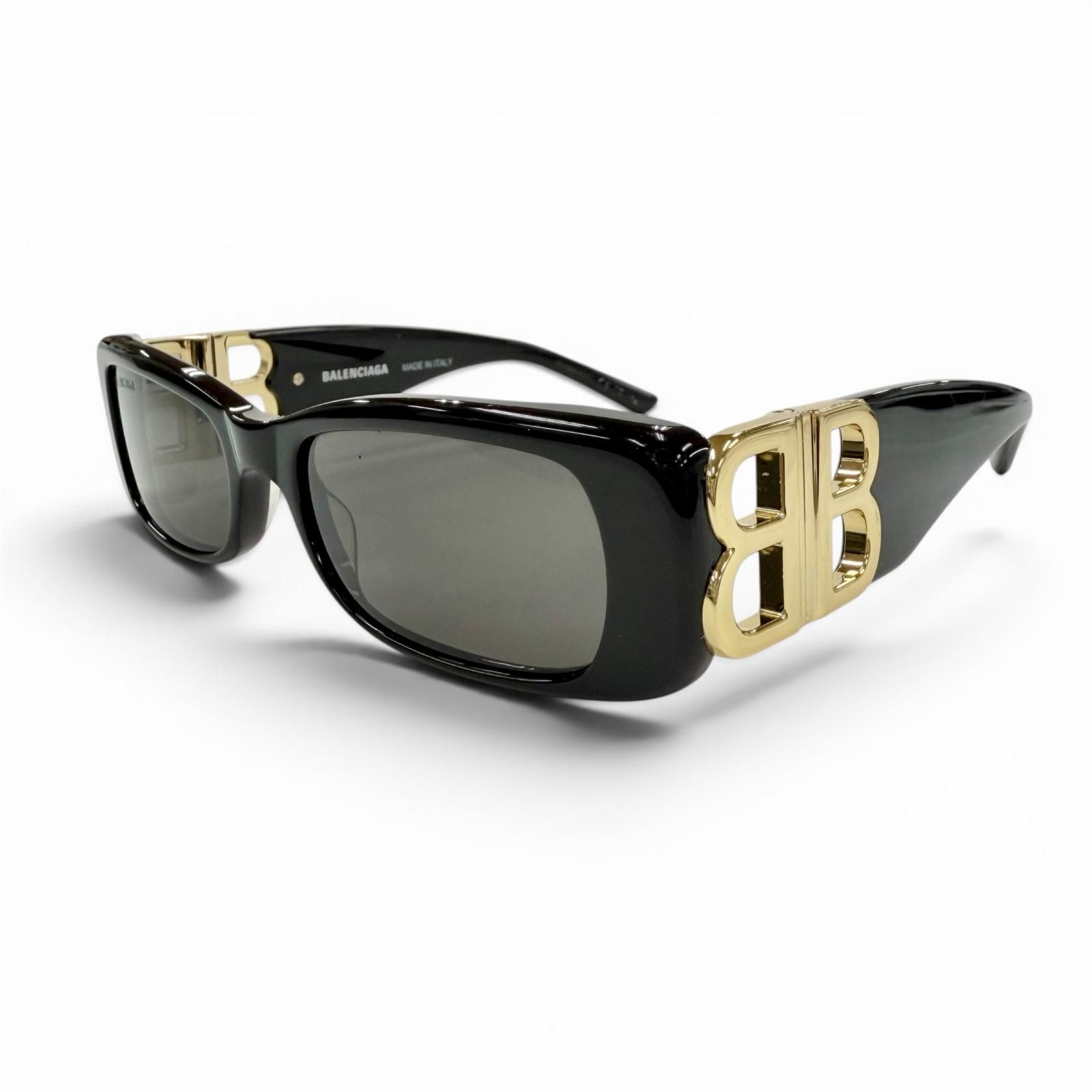 良品◇BALENCIAGA バレンシアガ BB0096S Dynasty Rectangle BBロゴ サングラス ブラック ゴールド 51□18 130 イタリア製 メンズ レディース 箱付き