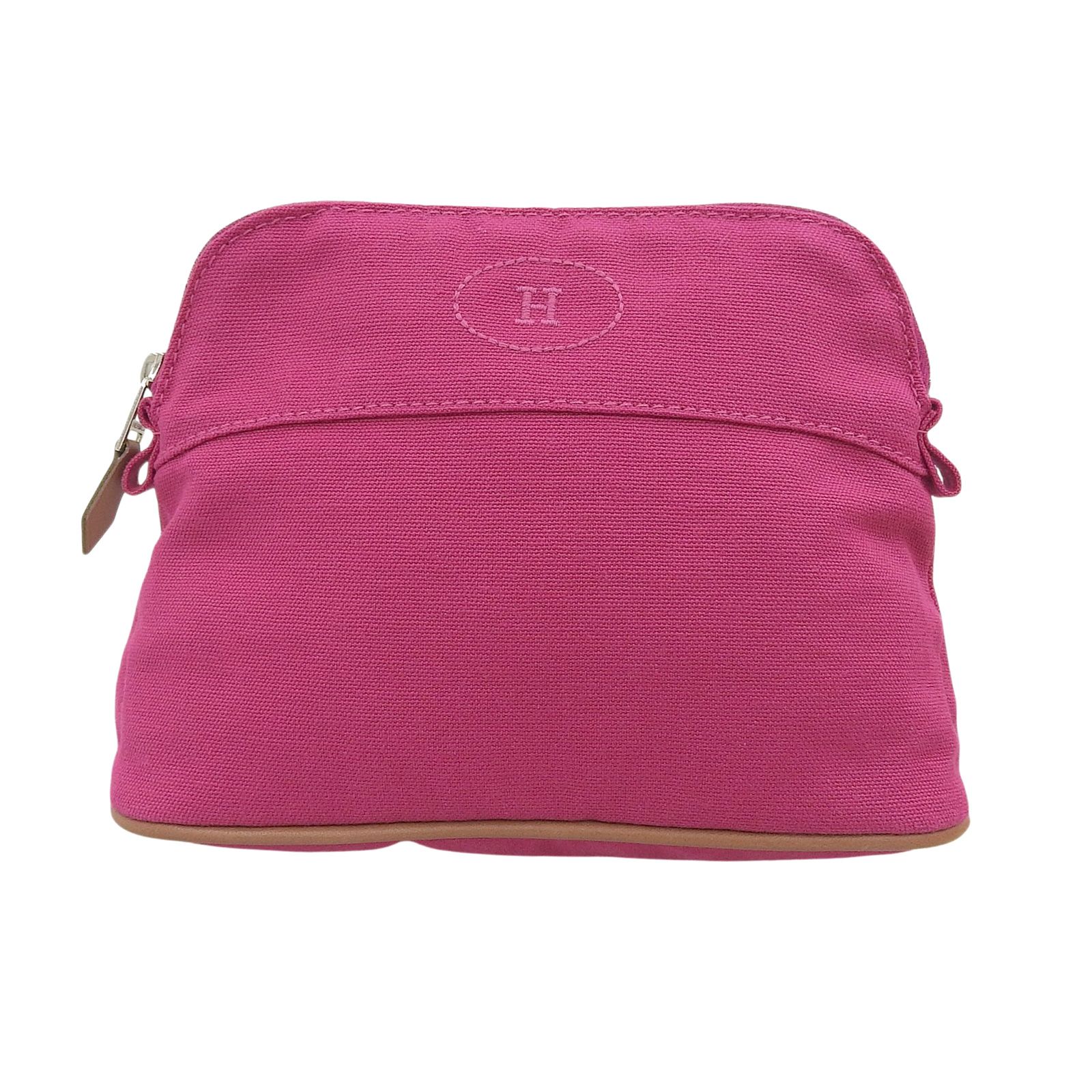 未使用品▲HERMES エルメス ボリードポーチPM コットン100％ シルバー金具 Hロゴ刺繍 レザー使い ポーチ ピンク フランス製 レディース 箱付き