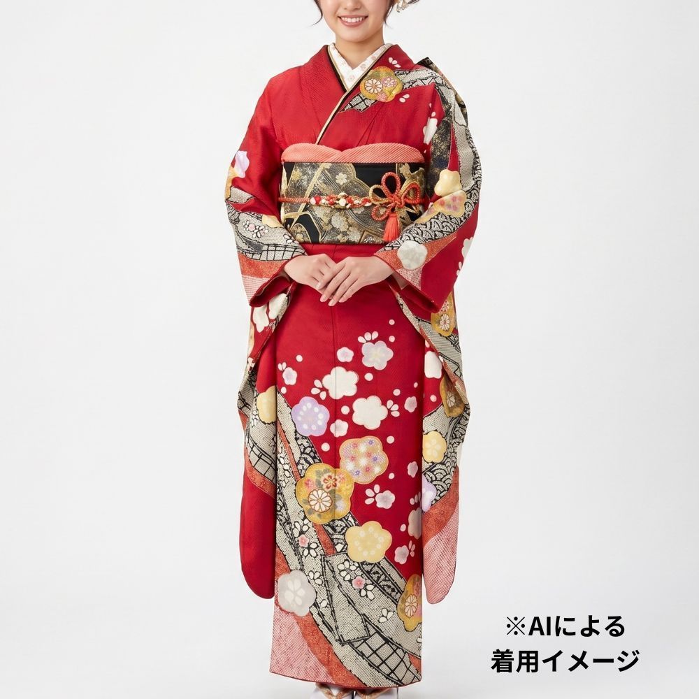 リユース】振袖 正絹 袷 赤 絞り染め 疋田 熨斗 桜 牡丹 8122-1 成人式