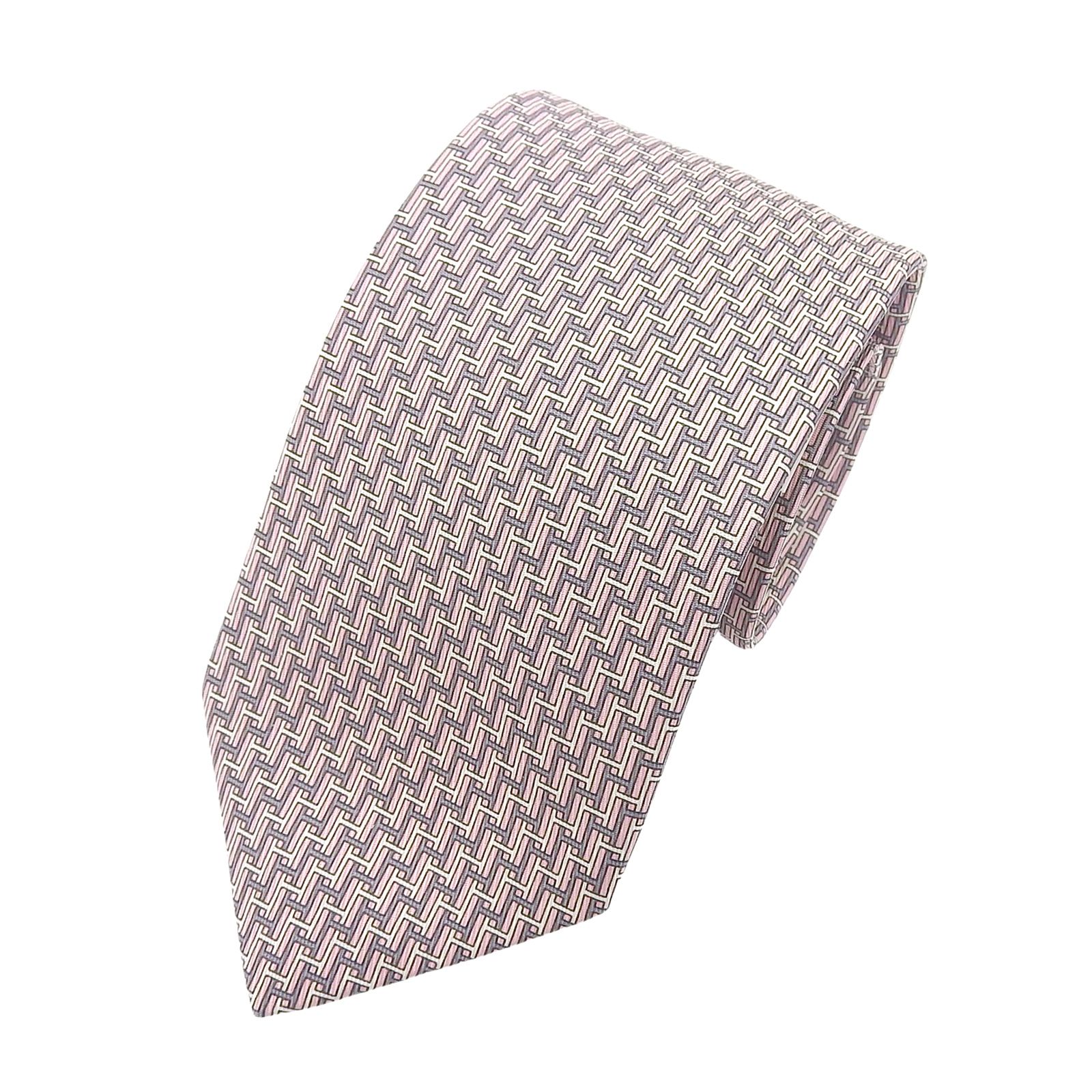 未使用品▲HERMES エルメス 605680 シルク100％ H柄 シルクツイルタイ ネクタイ ピンク グレー ホワイト フランス製 メンズ オススメ◎