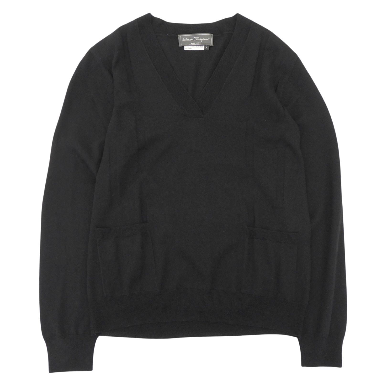 極美品▲Salvatore Ferragamo サルヴァトーレフェラガモ ウール100％ Vネック 長袖ニット セーター ブラック S イタリア製 正規品 メンズ