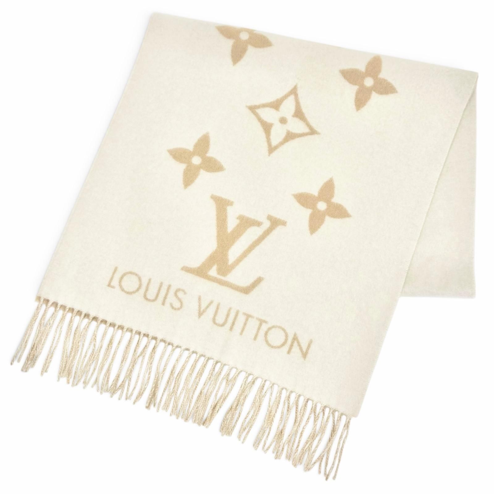 極美品△LOUIS VUITTON ルイヴィトン 2025年製 M78123 マフラー レイキャビック カシミヤ モノグラム ジャイアント パターン ショール ベージュ イタリア製 正規品 レディース 箱付き