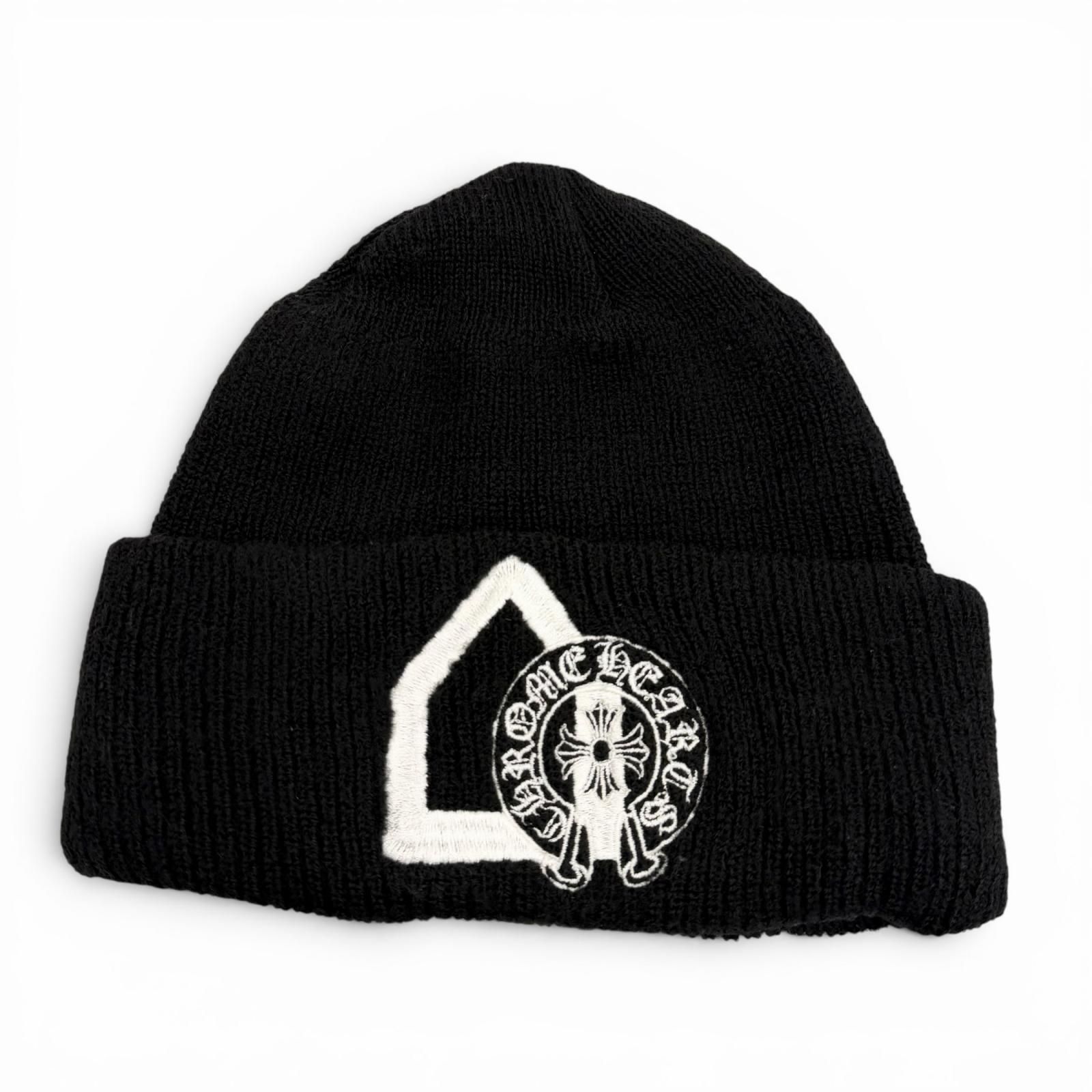 美品▼CHROME HEARTS Dover Street Market クロムハーツ ドーバー ストリート マーケット ウール100% ドーバー限定 ホースシュー クロス刺繍 帽子 ビーニー ニットキャップ ブラック OS USA製 メンズ