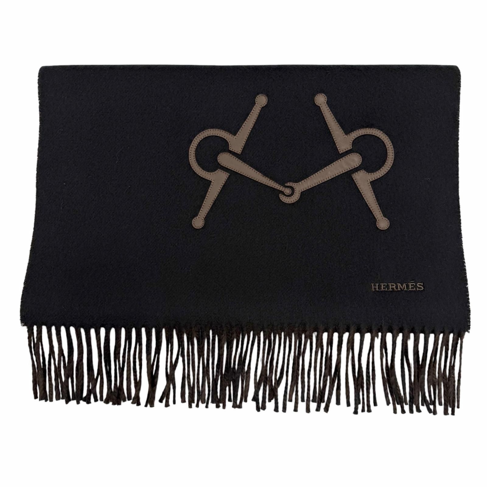 極美品▼HERMES エルメス カシミヤ100% ブラック マロン エボニー レザーホースビット ロゴ刺繍 リバーシブル ストール 大判 マフラー 英国製 メンズ 箱付き