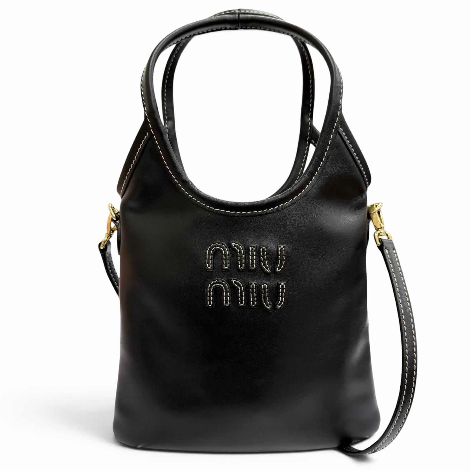 未使用品△MIUMIU ミュウミュウ 5BA281 IVY アイビー レザー ロゴ 2WAY ハンドバッグ ショルダーバッグ ブラック イタリア製 レディース 箱・保存袋付き オススメ◎